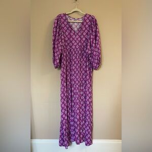 Bohemian Purple Floral 3/4 Sleeve Maxi Dress